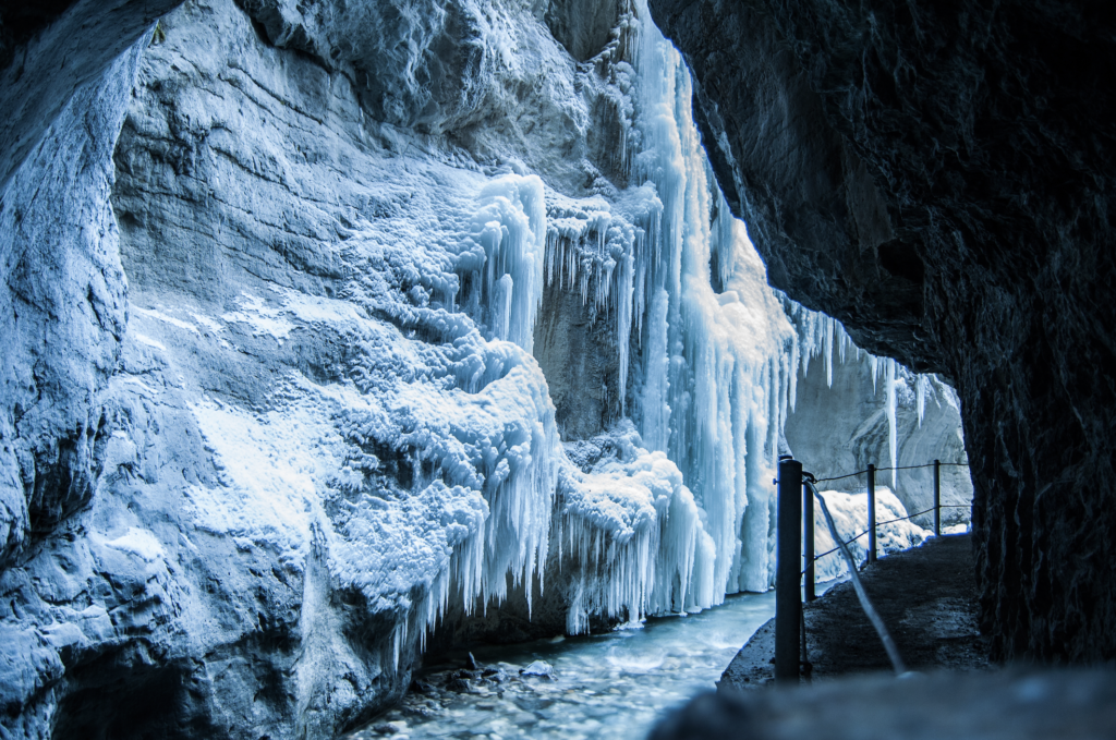 The Garmisch gorge during the winter frozen over with ice.