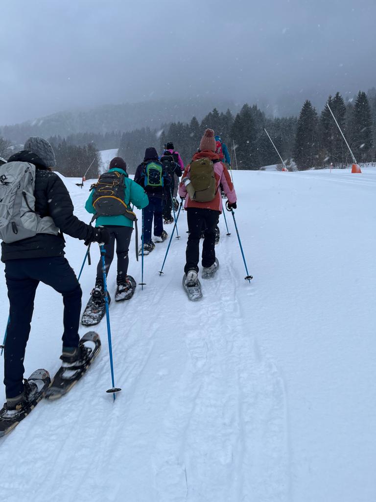 A line of people snowshoeing up a mountain