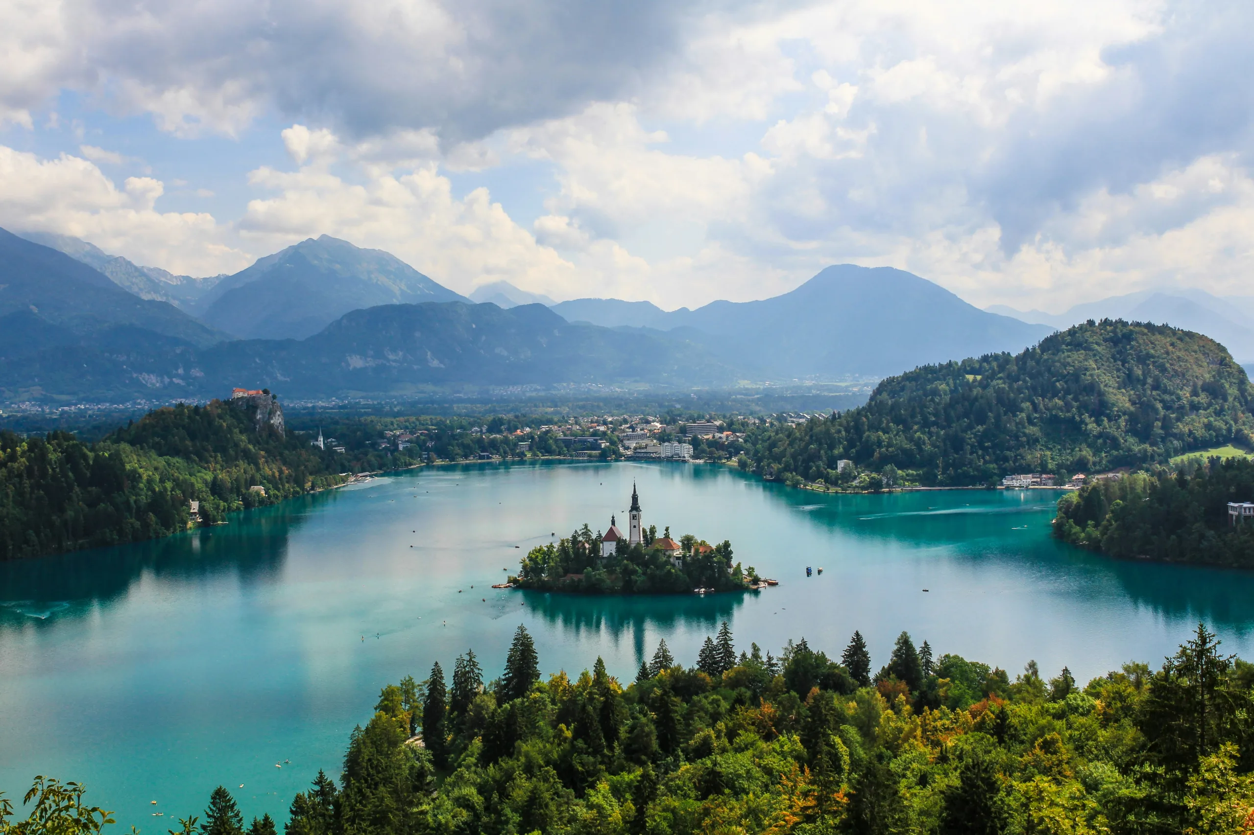 Lake Bled in slovenia. A picture of the church and lake from above.