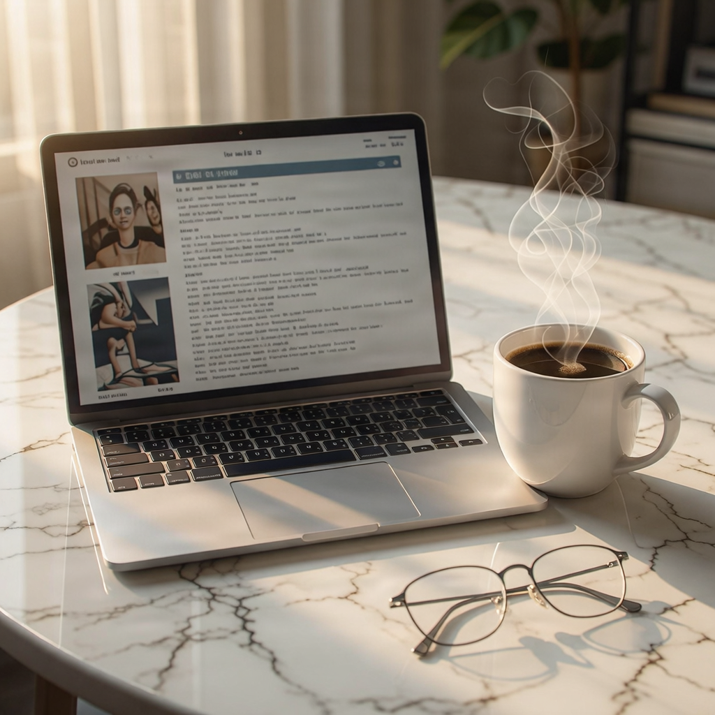A cozy reading nook with a laptop and a cup of coffee.